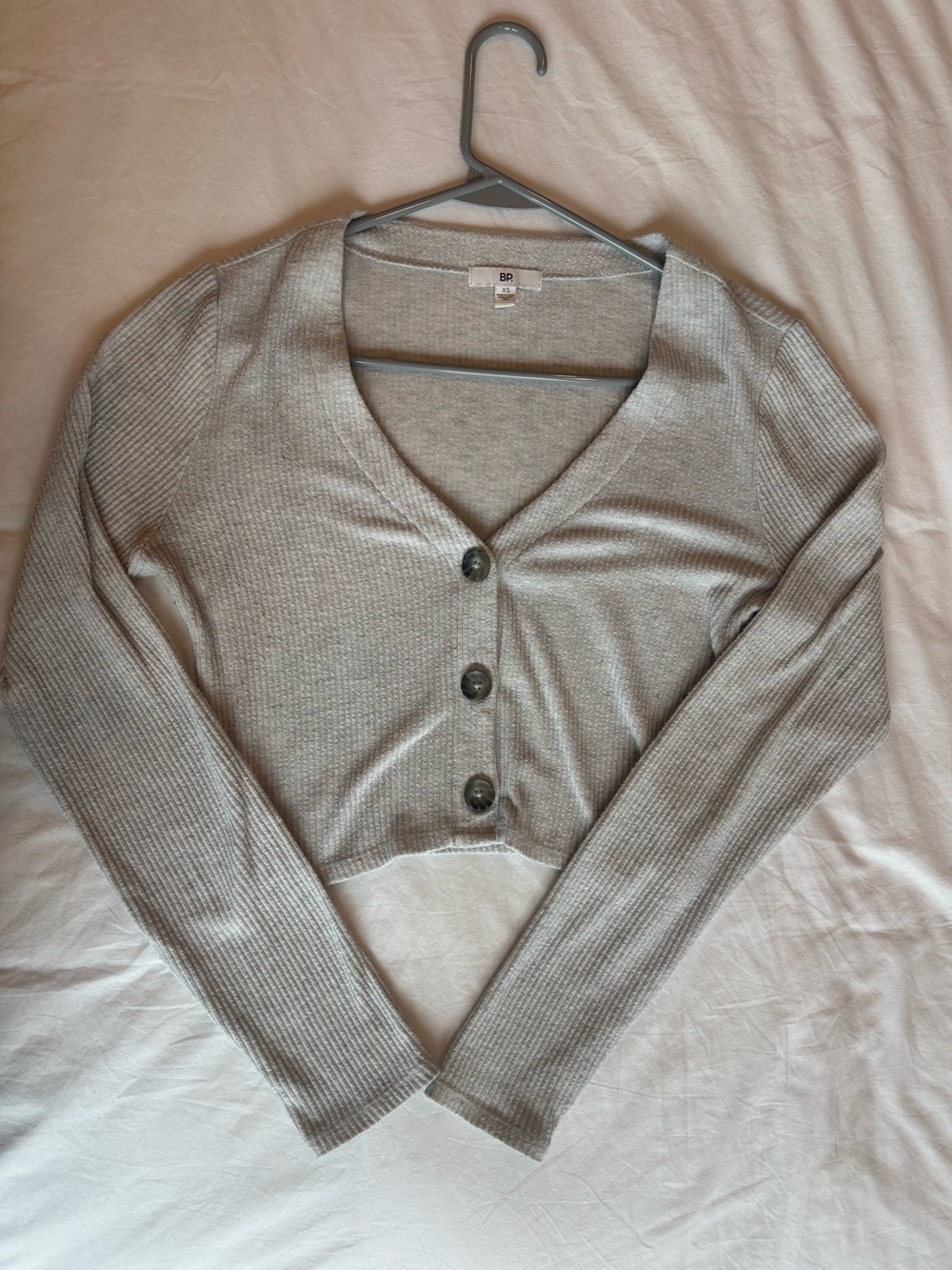 bp Light Gray Ribbed V-Neck Button Front Cropped Sweater